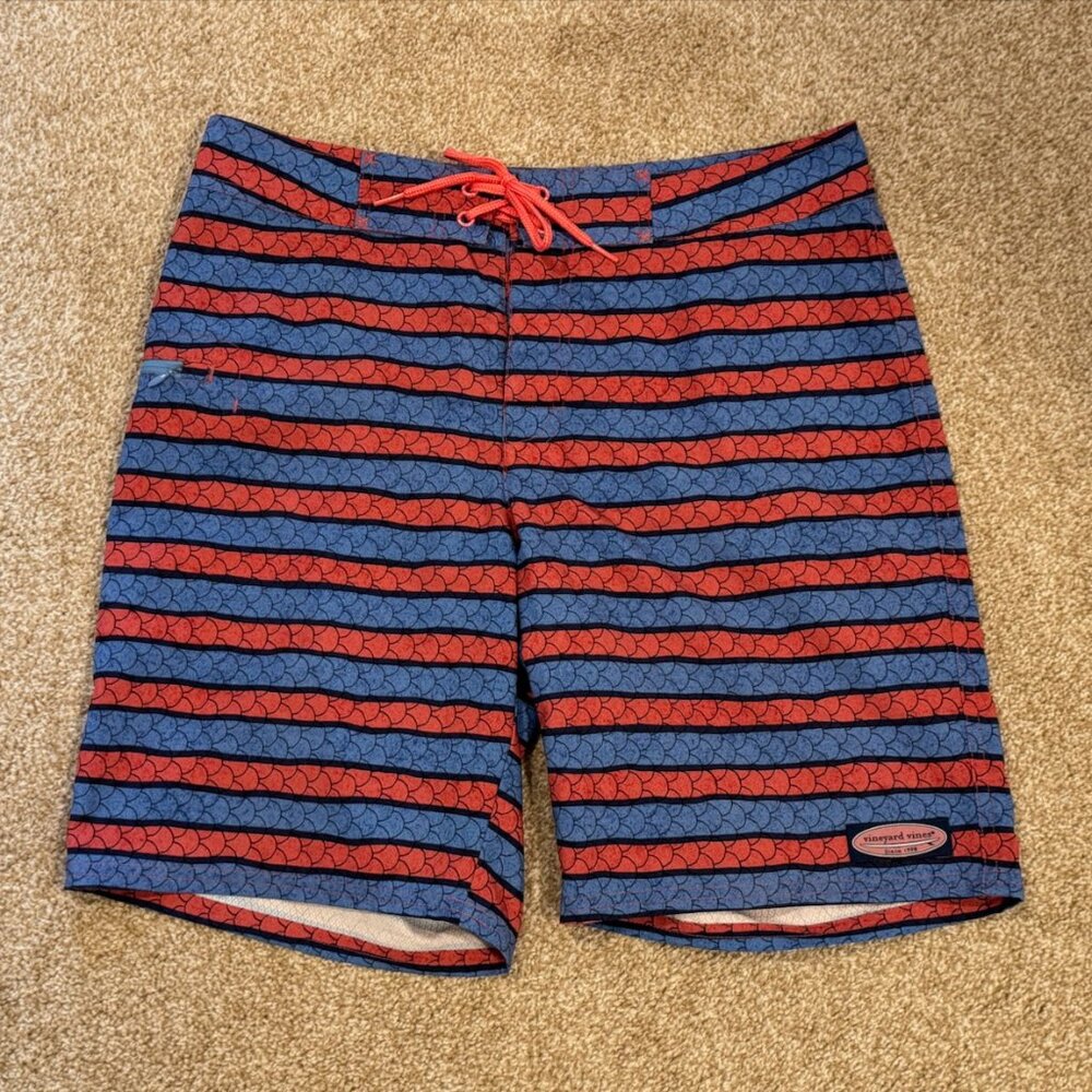 Mens 30 Vineyard Vines Angler Stripe Fish Scale Board Shorts Swimsuit Swim Trunk